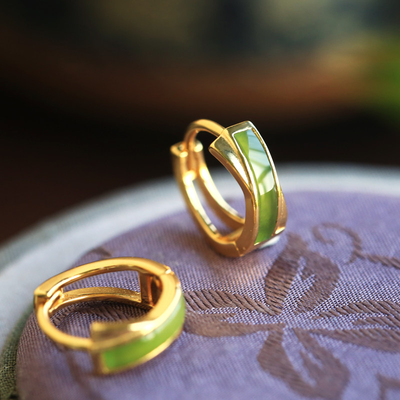 小银匠和田玉碧玉纯银耳扣耳环女高级绿色玉石金镶玉耳饰耳钉耳圈