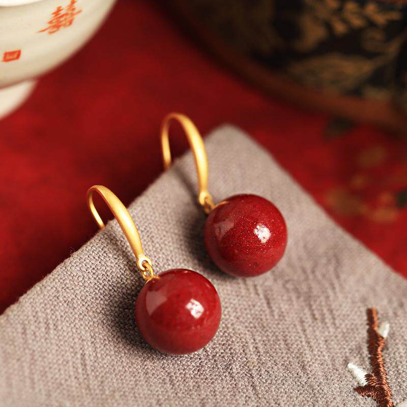 天然朱砂纯银圆形耳环女红色复古轻奢中式国风本命年耳坠耳饰耳钉