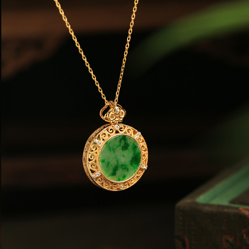 小银匠天然翡翠干青纯银如意平安扣吊坠女国风绿色玉石金镶玉项链