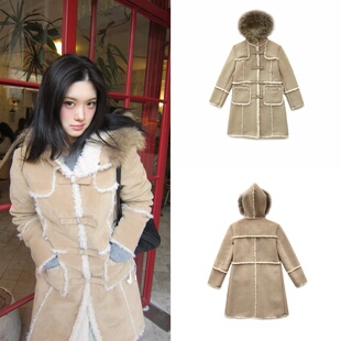韩国现货 settle for moon 26新款 连帽皮毛一体长款大衣外套女