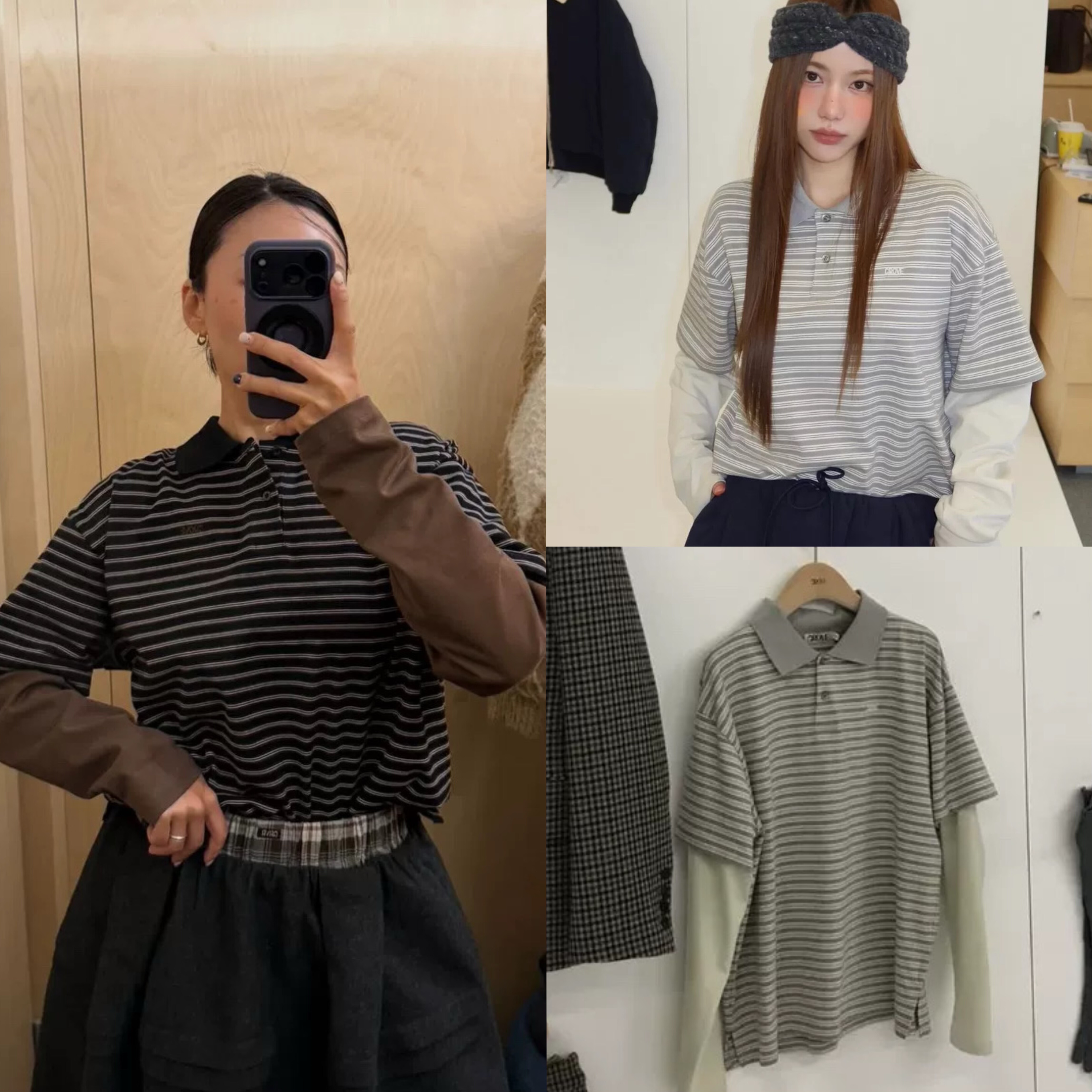 在途 Seoul Grove 25秋冬新款 happyrim同款 纯棉假两件条纹上衣