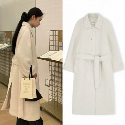 现货lerobe 25秋冬新款 高级气质单排扣绑带长款羊毛毛呢外套大衣