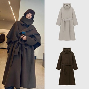韩代现货 monoha 2025秋冬新款 围巾连帽羊毛中长款保暖毛呢大衣