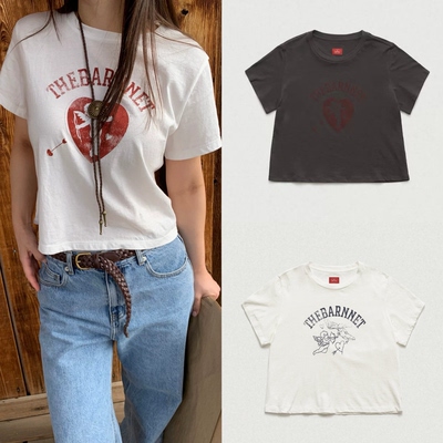 现货thebarnnet 26新款 八奶百搭减龄丘比特爱心做旧印花短袖T恤