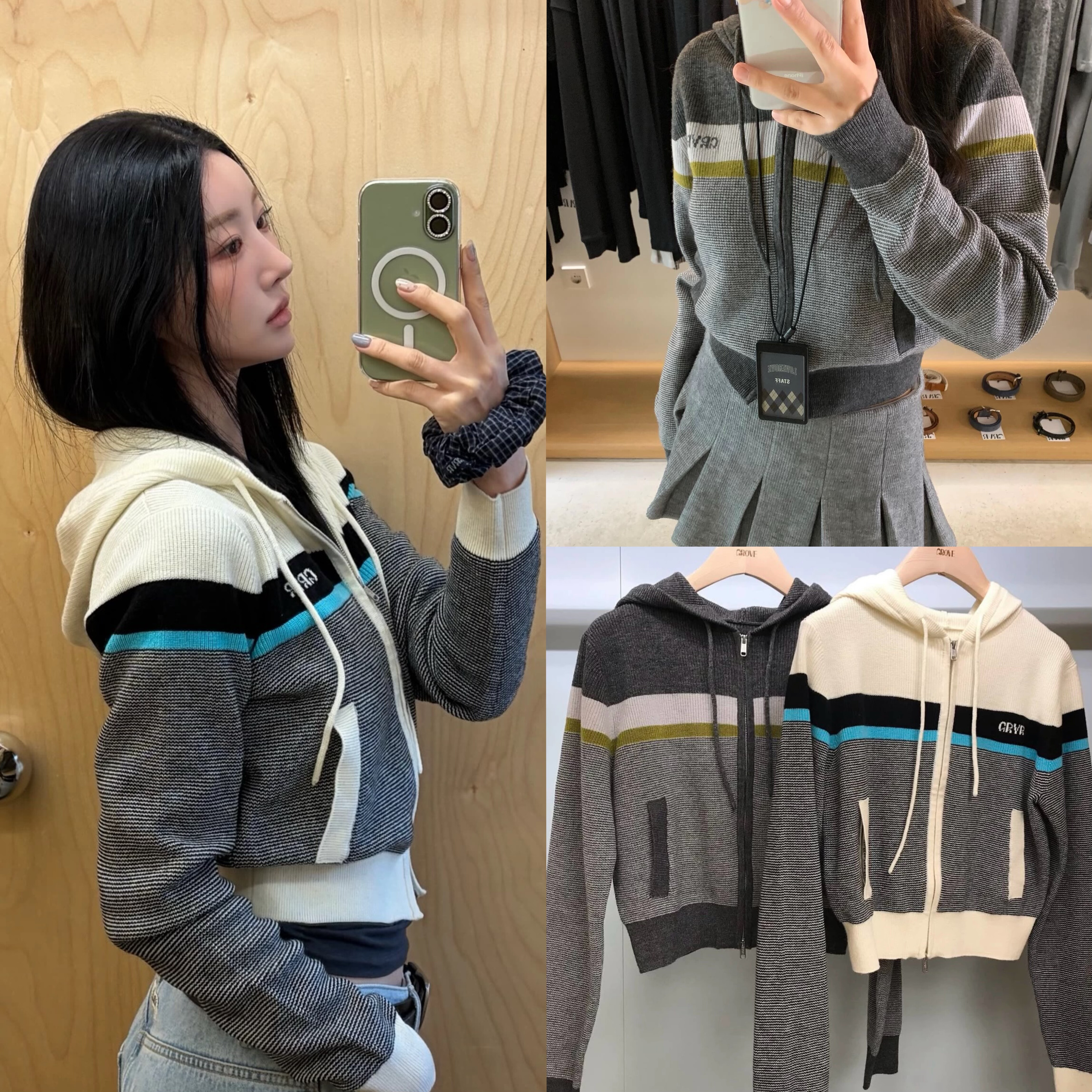 韩国直邮 GROVE 25秋冬新款 PEAK KNIT 条纹拼色短款连帽针织衫