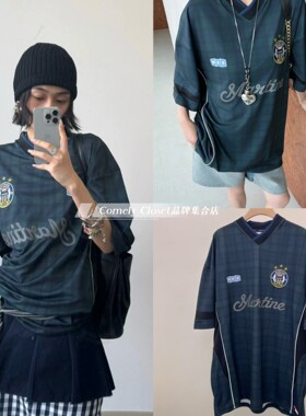 Martine Rose 26新款 黑绿拼色格纹球衣复古足球短袖T恤 男女同款