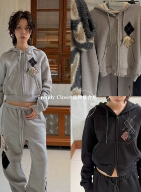 韩代采购 OPENYY 25秋冬新款 灰色格子补丁短款连帽卫衣拉链外套