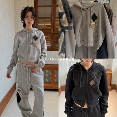 韩代采购 OPENYY 25秋冬新款 灰色格子补丁短款连帽卫衣拉链外套