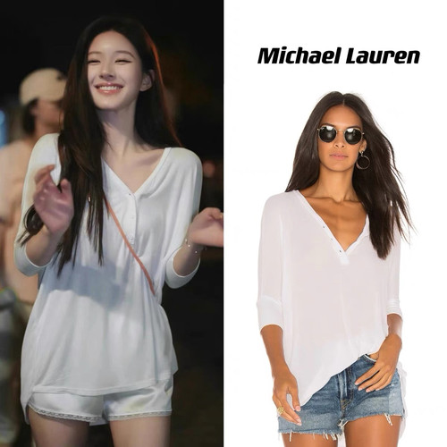 Michael Lauren 2024新款 赵露思同款V领系扣宽松衬衫防晒衫上衣