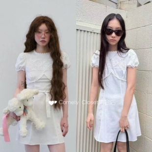 韩国在途 freckle 26新款 复古蕾丝刺绣少女泡泡袖连衣裙迷你裙女