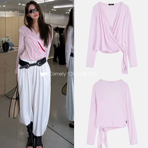 在途现货 CERRIC 26春新品 天丝弹力纯色开衫多穿法芭蕾风系带T恤