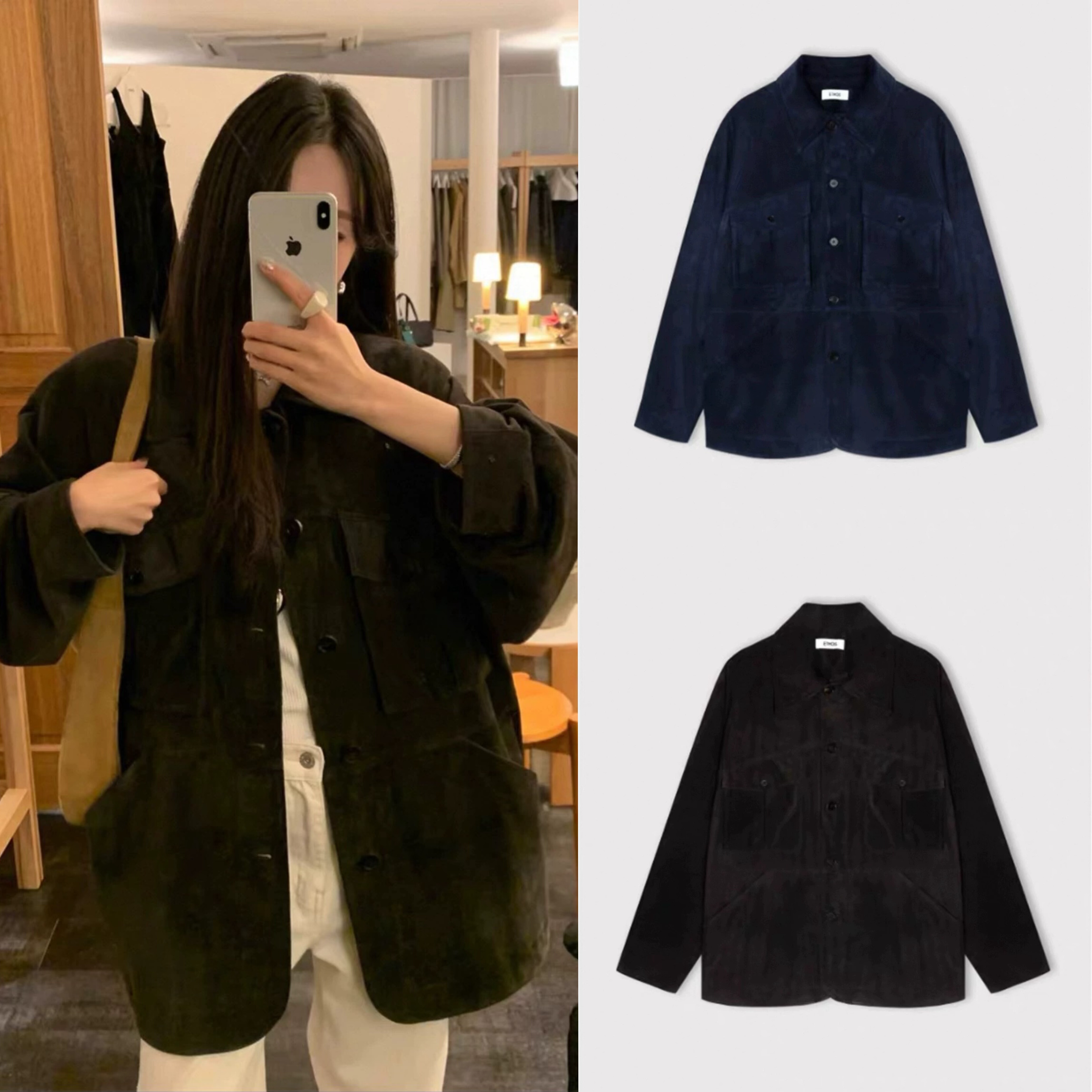 韩代现货 ethos 25秋冬新款 百搭休闲翻领大口袋宽松麂皮外套女