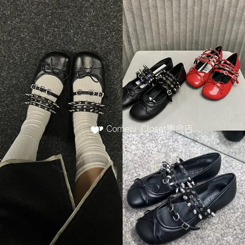 现货 ABRA 26新款 蝴蝶结芭蕾舞鞋铆钉玛丽珍鞋金属扣带浅口单鞋