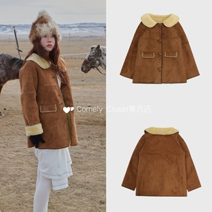 在途现货 Freckle 26新款 复古刺绣麂皮羊羔毛翻领皮毛一体外套女