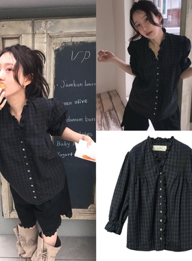 韩国采购 viaplain 26新款VICTORIA 复古格子荷叶边褶皱衬衫 女