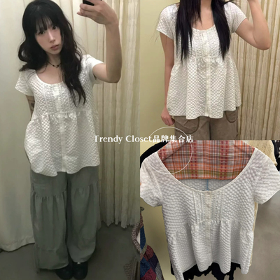 国内现货 coyseio 25新款 泡泡格子褶皱设计宽松圆领短袖衬衫上衣