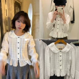 买手店 viaplain 26春季新款 蕾丝花边娃娃领单排扣长袖衬衫上衣