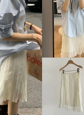 现货韩国 ounce 26春季新款 气质百搭压褶飘逸显瘦半身裙女