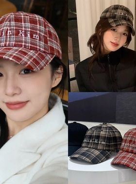 现货 matinkim 26早春新款 复古格纹帽子字母刺绣棒球帽格子帽