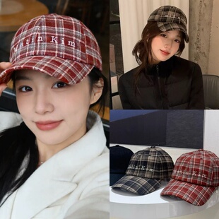 现货 matinkim 26早春新款 复古格纹帽子字母刺绣棒球帽格子帽