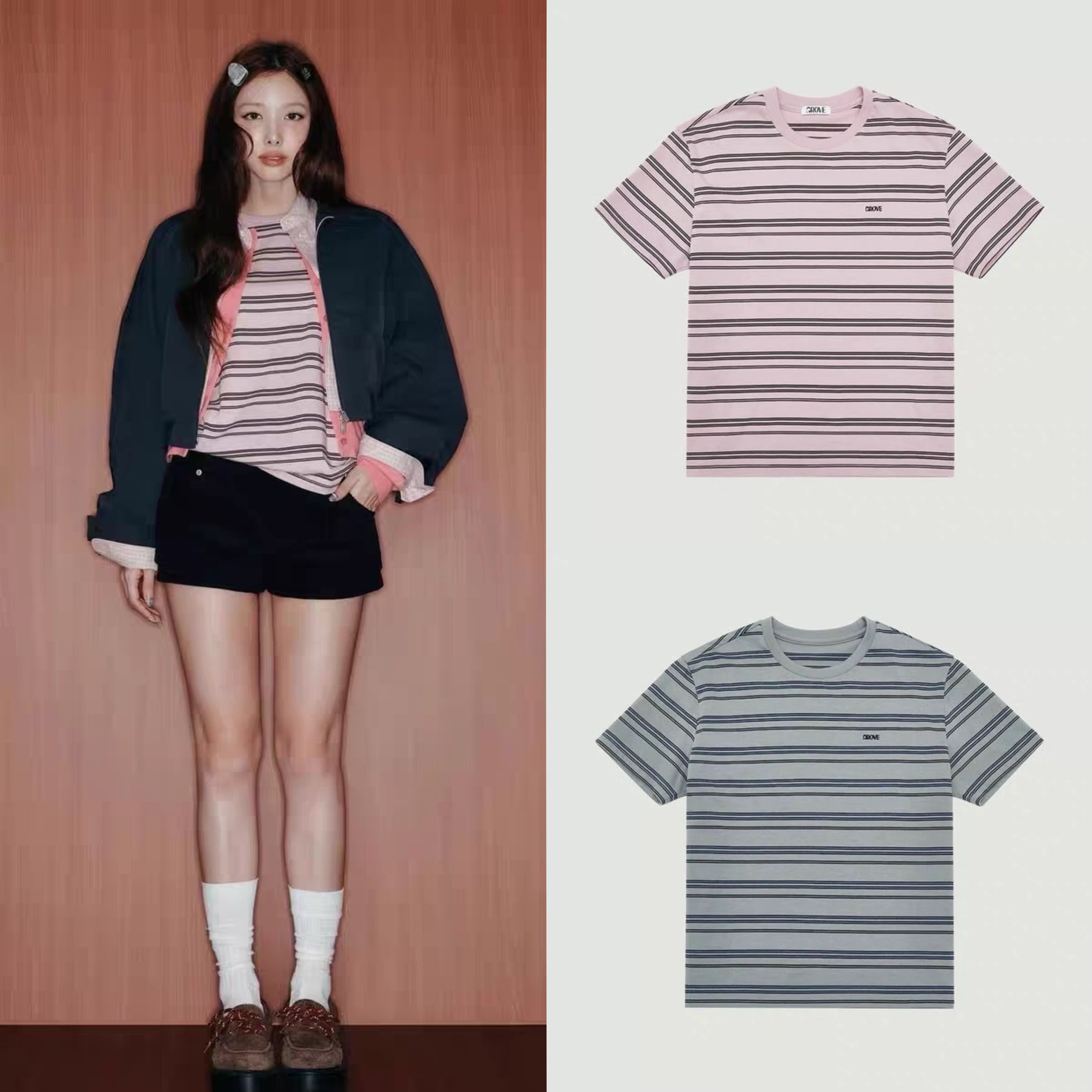 现货 GROVE 林娜琏同款2025新款韩版拼色U领条纹短袖长袖T恤女