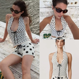 26新款 现货 With jean V领绑带针织露背波点挂脖上衣 bella同款