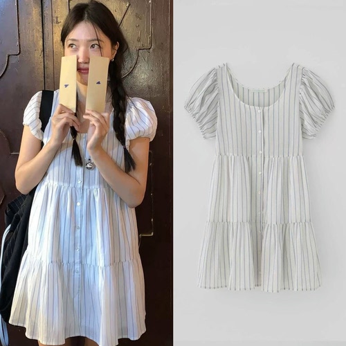 26夏季新款 tannat 甜美减龄泡泡袖圆领单排扣条纹拼接连衣裙女