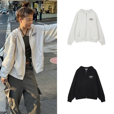 国内现货 Deinet 基础百搭学院风后背字母logo拉链连帽卫衣外套女