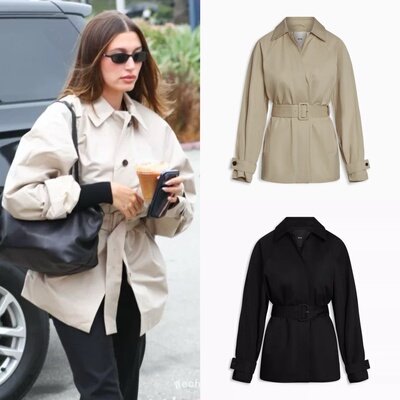 现货 Hailey Bieber 海莉比伯同款 KHY 简约混纺束腰带短风衣外套