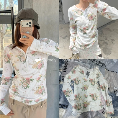 韩国采购 OPEN YY 2026早春新款 花卉钩花亨利领搭扣长袖T恤女