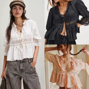 国内现货 Free people 26夏新品 蕾丝花边拼接系带七分袖衬衫女