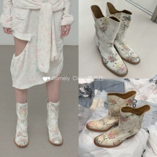 新款 韩国采购 26春季 花卉西部切尔西中筒靴复古尖头短靴 OPEN