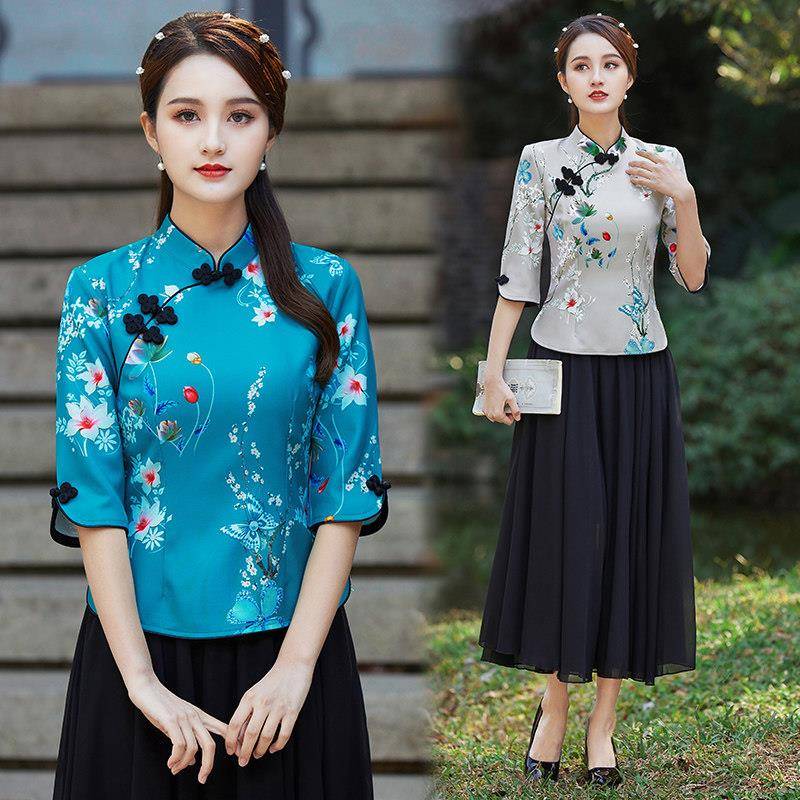 旗袍上衣中式复古修身改良时尚中国风春夏装民国唐装汉服茶服女装