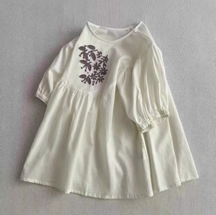 圆领棉麻 女夏季 日系甜美小花刺绣短袖 衬衫