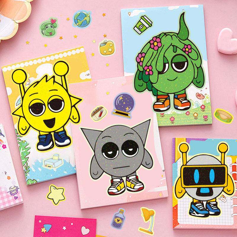 12张音乐节奏盒子卡通镭射换装贴儿童DIY手工涂鸦贴纸手账贴贴画