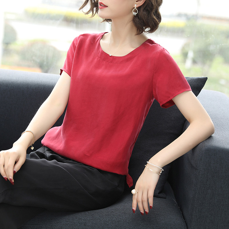 清仓 宽松重磅铜氨丝上衣真丝大码短袖t恤女遮肚子显瘦纯色打底衫
