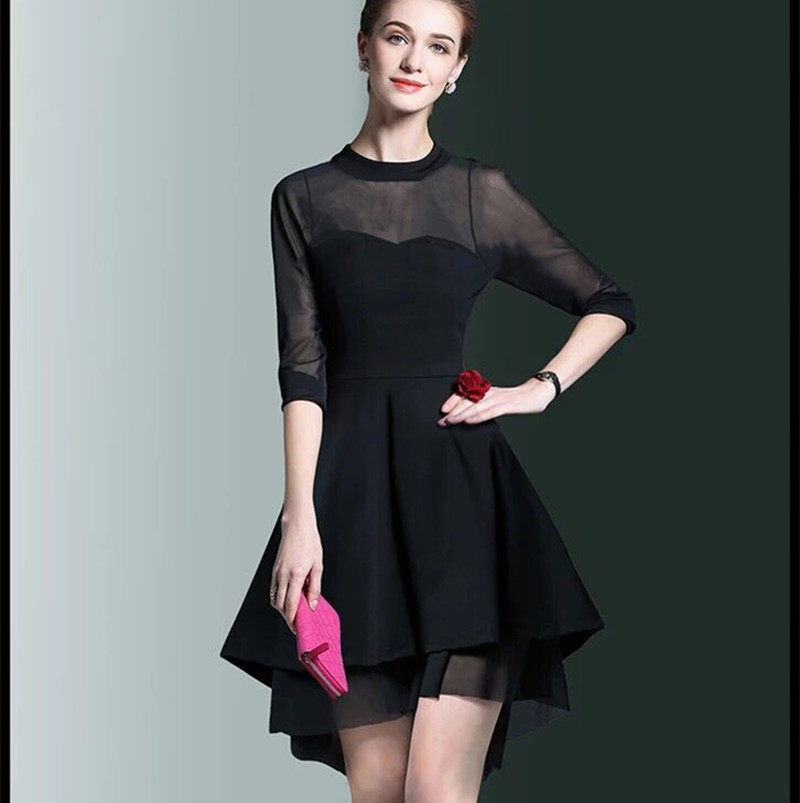 初夏新款女成人拉丁舞蹈连衣裙网纱拼接燕尾不规则大码显瘦演出服