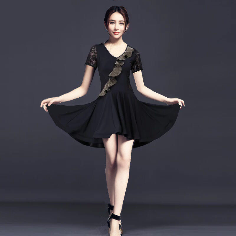 大码拉丁舞蹈服女成人练功服新款短袖蕾丝性感演出现代大摆连衣裙