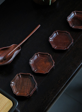 大红酸枝茶杯垫茶道茶具配件茶则+六角茶杯垫八件套茶盘茶桌摆件