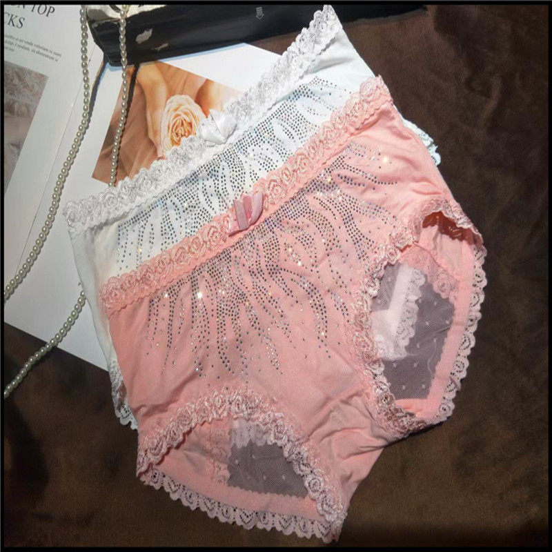 黑色亮钻内裤舒适柔软亲肤 烫钻蕾丝蝴蝶结 水钻底裤中腰 裤头女