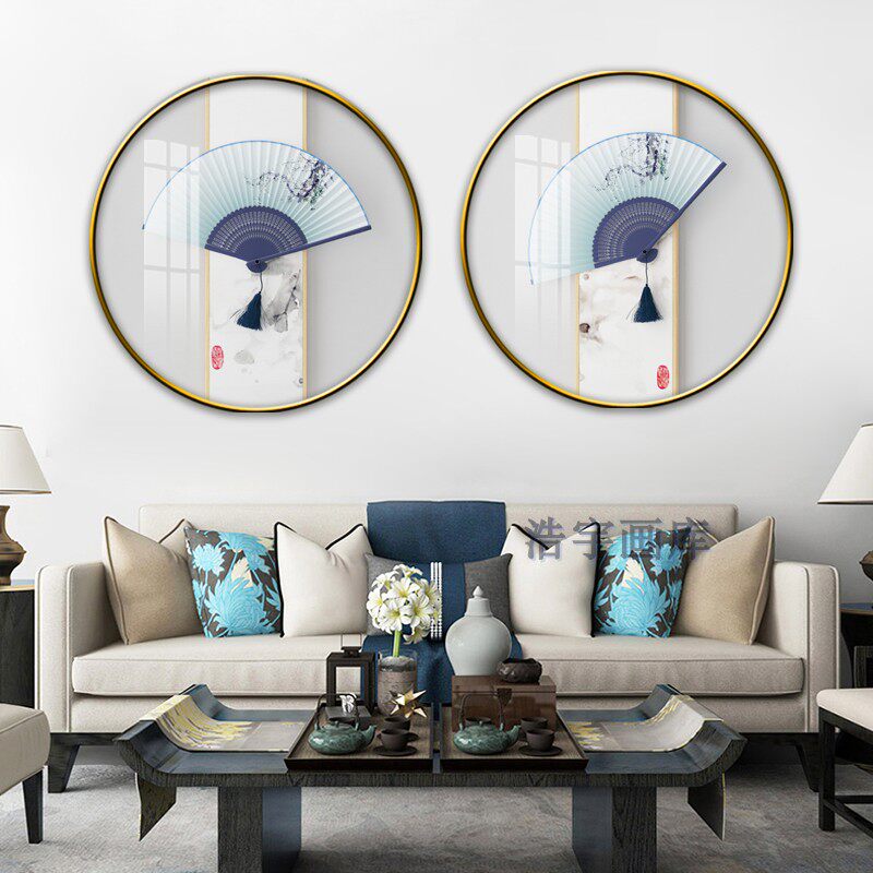 扇子新中式圆形装饰画客厅现代沙发背景墙壁画餐厅茶楼书房挂画