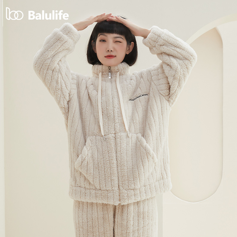 佰伦世家女珊瑚绒拉链款立领睡衣