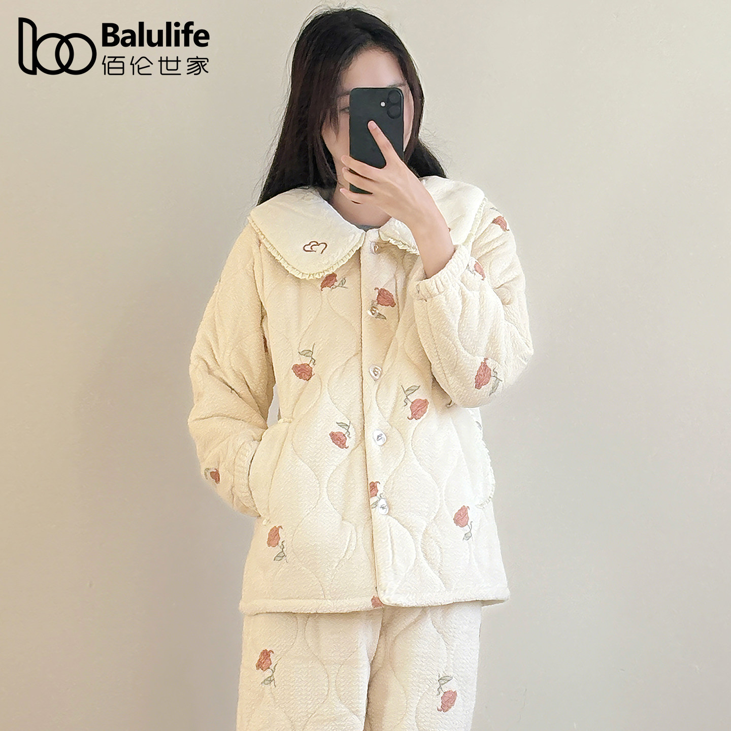 佰伦世家珊瑚绒女士睡衣冬季牛奶绒三层加厚夹棉保暖家居服套装