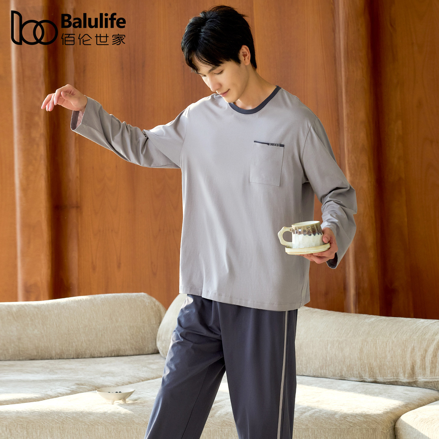 男士睡衣春秋款长袖棉莫代尔2026新圆领套头简约可外穿家居服套装