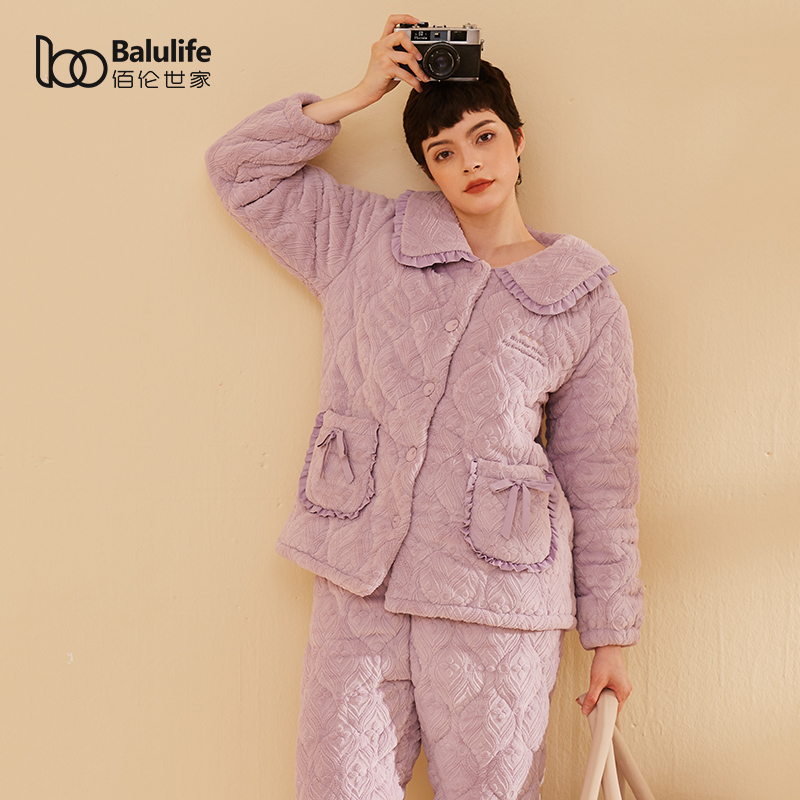 冬季三层夹棉加厚睡衣家居服女