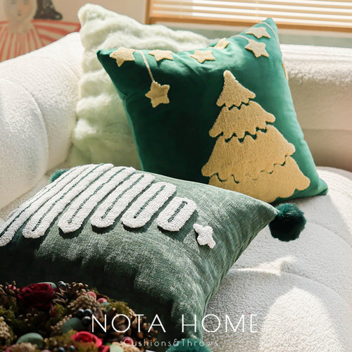 绿色圣诞节抱枕Ins风刺绣枕套