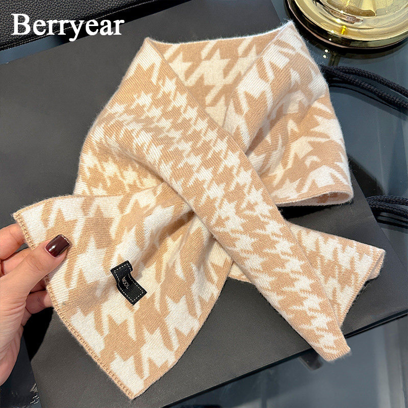 千鸟格100%纯羊毛围巾女秋冬季高级感百搭针织保暖交叉护颈小围脖,服饰配件/皮带/帽子/围巾,围巾/丝巾/披肩,淘宝优惠券,粉丝福利购,淘宝优惠卷