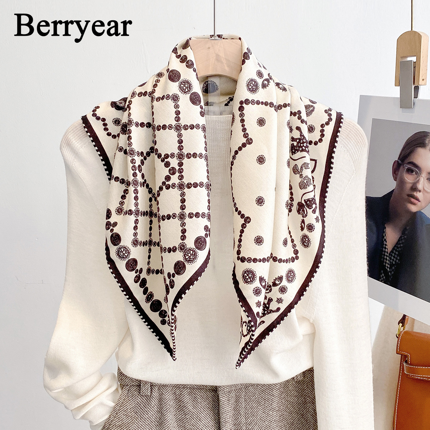 米白色真丝羊毛围巾丝巾女小方巾