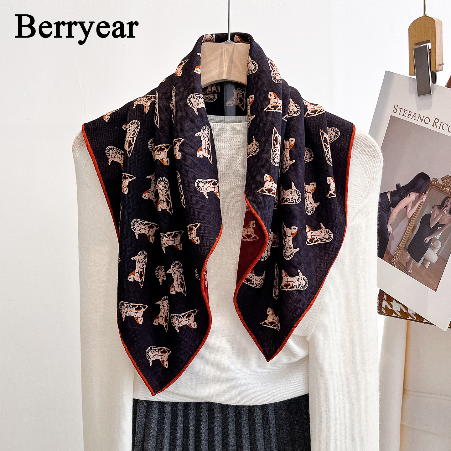 黑红马车真丝羊毛围巾方巾丝巾女