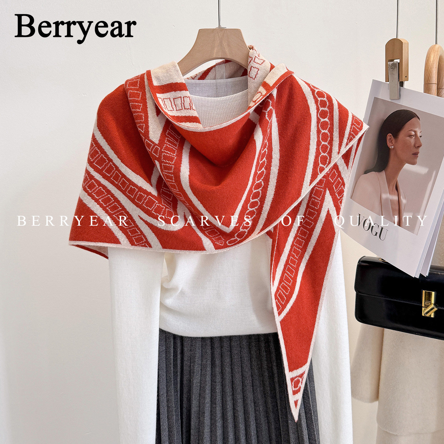 Berryear橘红色100%绵羊毛三角巾围巾披肩外搭女秋冬保暖护颈围脖